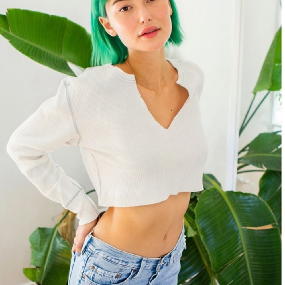UO bdg corey notched thermal cropped top ivory